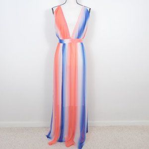 Miamisty Coral Orange Blue White Ombre Deep V Neck Strappy Size XXL Maxi Dress